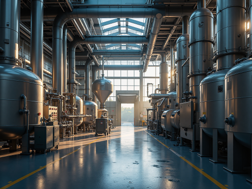 现代化工厂外景，蓝色屋顶工业建筑，阳光明媚天气，绿色植被环绕，干净整洁环境