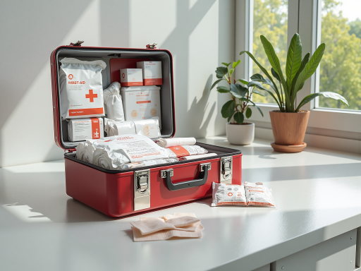 红色急救医疗包，拉链开口，内置多种医疗用品，白色背景