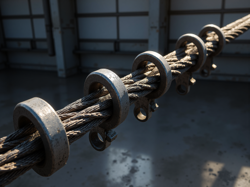 银色金属生命线系统组件，多个连接件和锚固点，工业背景