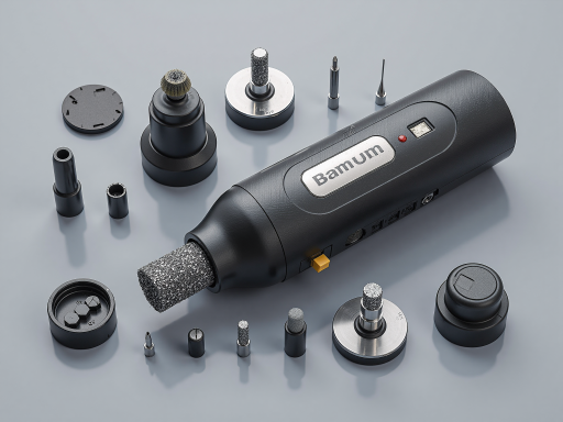 专业电动工具套装，包含电钻、角磨机等，黑色塑料收纳箱，白色背景